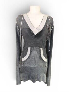 Sinful Affliction Women's Gray V-neck Hoodie Pullover Sweater - Sz Medium